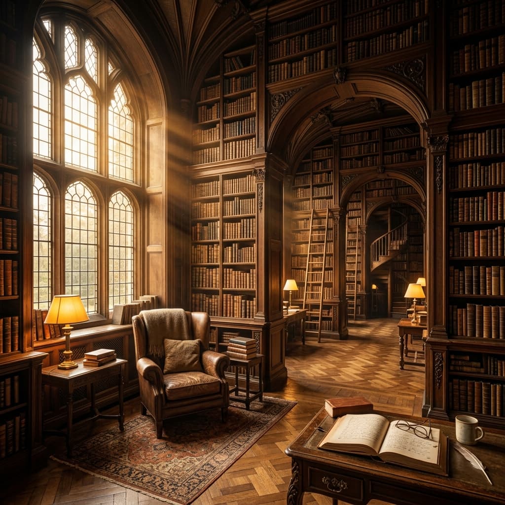 Quiet reading room with desk seats and shelves